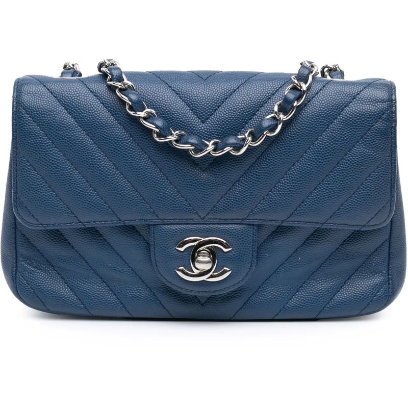Chanel Fourre-tout Mini Rectangular Classic Chevron Caviar Single Fla blau