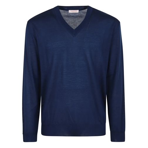 Valentino Pullover Light Pure Wool Sweater With V-Neck And Ribbed Edg Blue