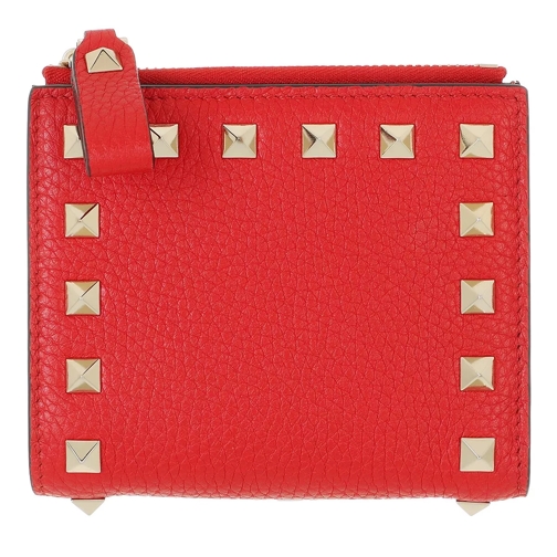 Valentino Garavani Rockstud Flap French Compact Wallet Leather Red Tvåveckad plånbok