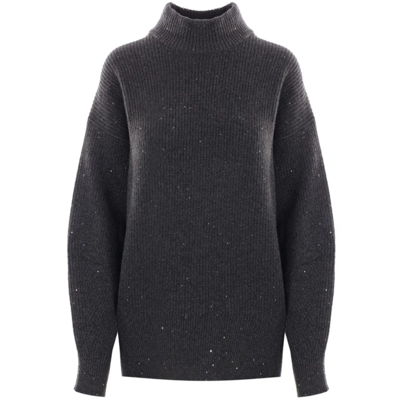 Brunello Cucinelli Rollkragenpullover Ribbed Mock Neck Sweater With Subtle Sparkling Acc Black