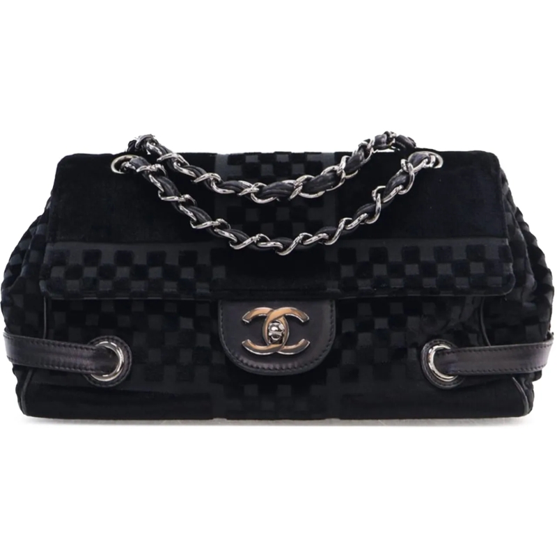 Chanel Sac à bandoulière CC Check Embossed Velvet Belted Side Flap schwarz