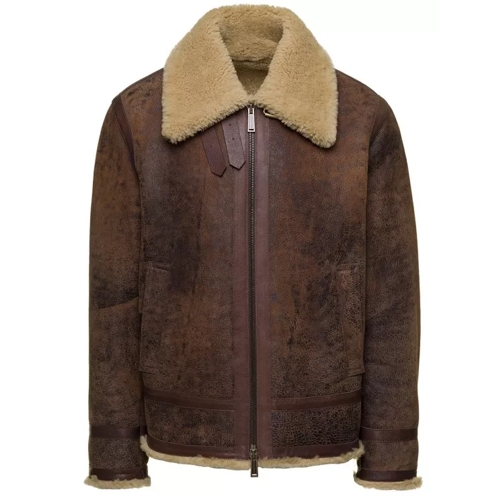 Dsquared2 Brown Jacket With Shearling Collar In Leather Brown Läderjackor