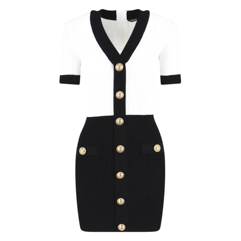 Balmain Mini-robe Fitted Black Dress With Ribbed Texture And Gold Ac White