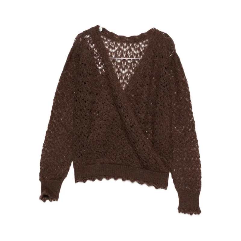 Twin-Set Pull Wrap-Style Open-Knit Sweater With Scalloped Edges Black