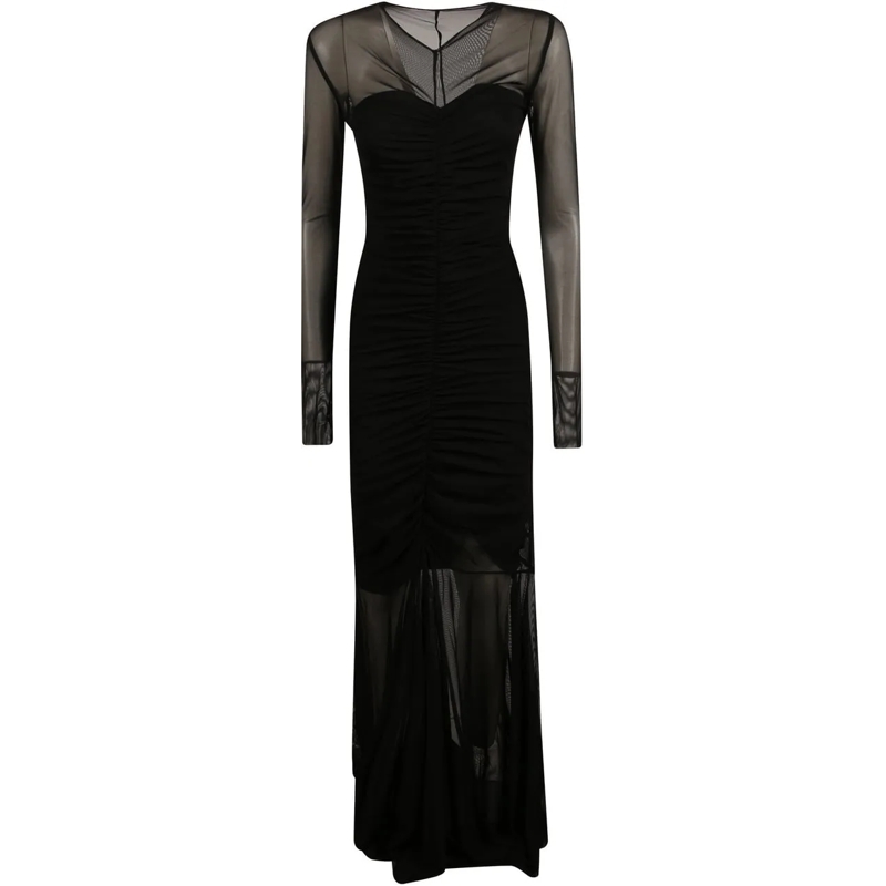 Norma Kamali Midikleid Long Sleeve V Neck Shirred Front Fishtail Long Dre schwarz