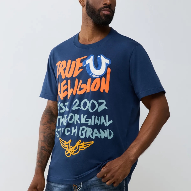 True Religion T-Shirt - Gerader Schnitt- Rundhals- Überschnittende Sch blau(Image 3)