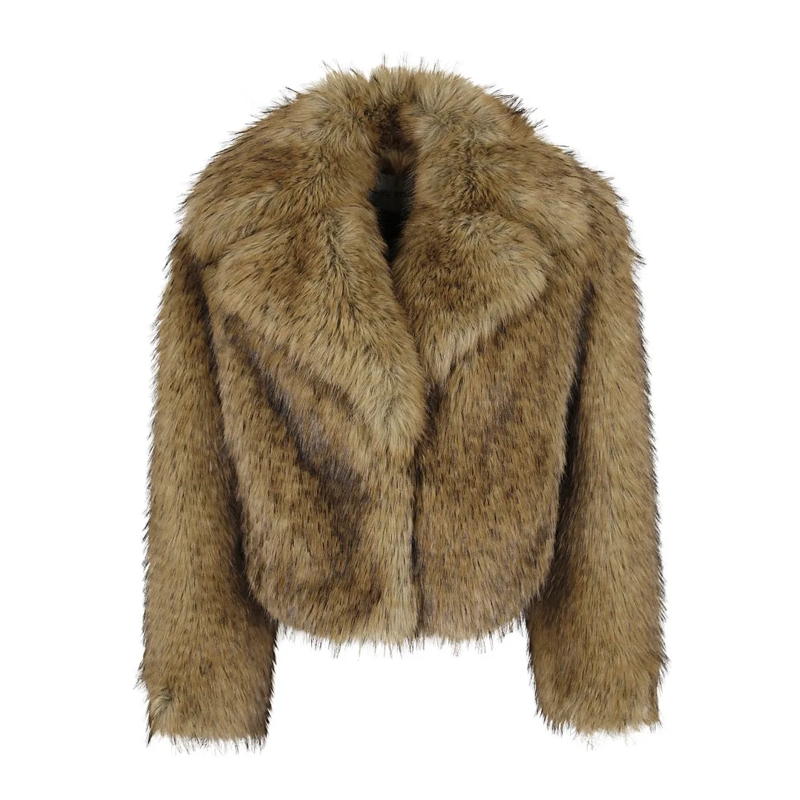 Stand Studio  Cropped Faux Fur Coat With Wide Collar And Plush T Brown
