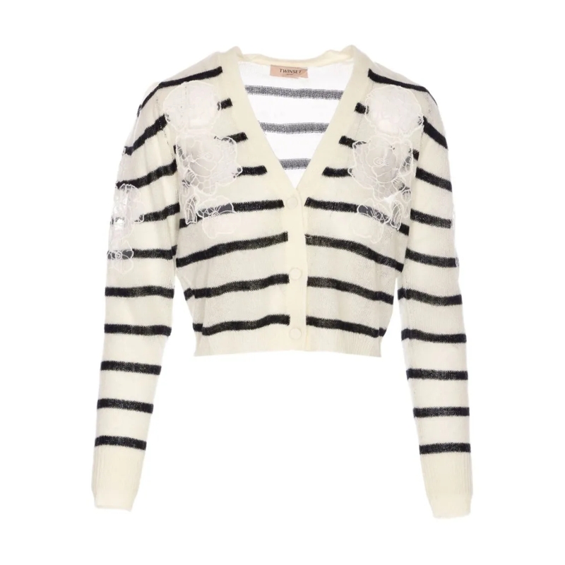 Twin-Set Cardigan V-Neck Sweater With Floral-Lace Embellishment Black
