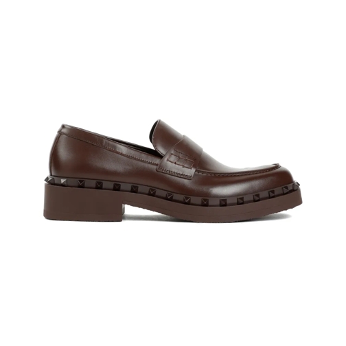 Valentino Fondant Brown Leather Rockstud Loafer Brown Mocassino