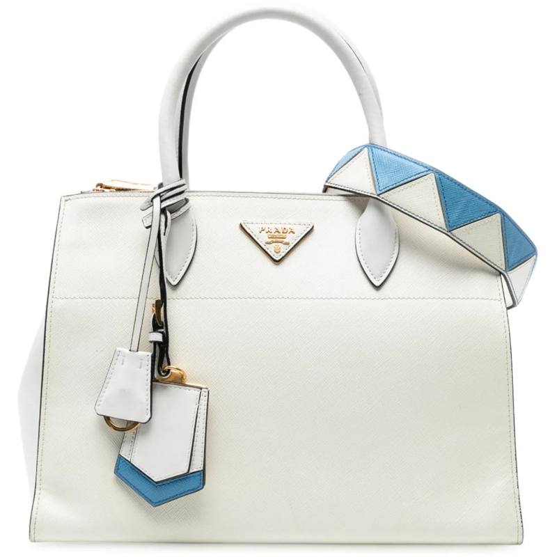 Prada Schultertasche City Calf Trimmed Saffiano Greche Paradigme Bag weiß