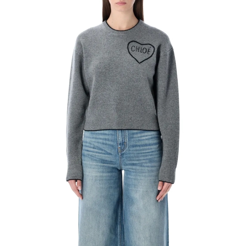 Chloé Trui Cropped Knit Sweater With Heart Logo Grey