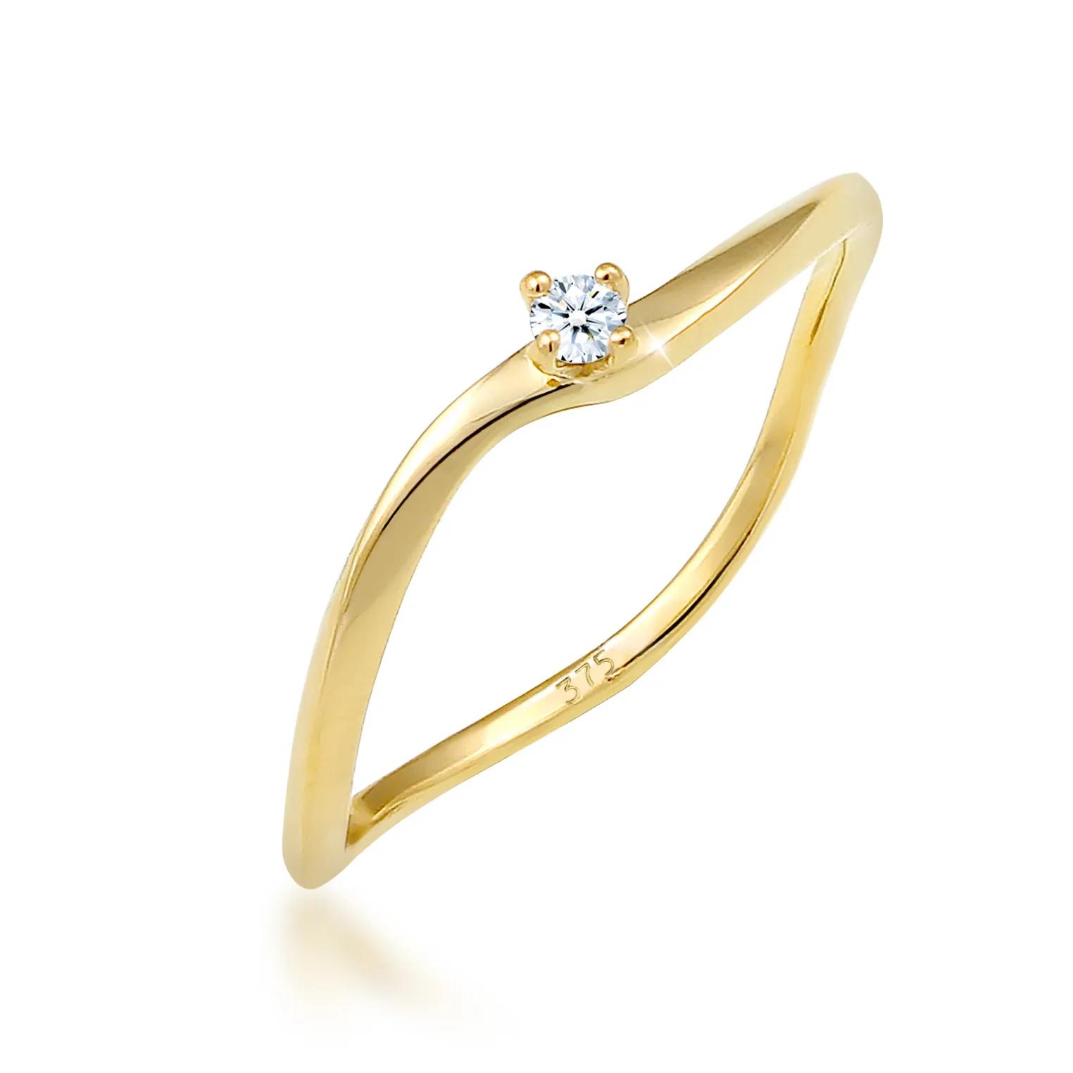 Elli Ringe - Ring Verlobung Welle Diamant (0.03 ct.) 375 Gelbgo - Gr. 52 MM - in Gold - für Damen