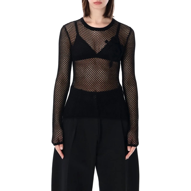 GANNI Langärmeliges Oberteil Pointelle Mesh Top Nero schwarz