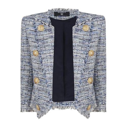 Balmain Blazer Side To Side Tweed Spencer Jacket Blue