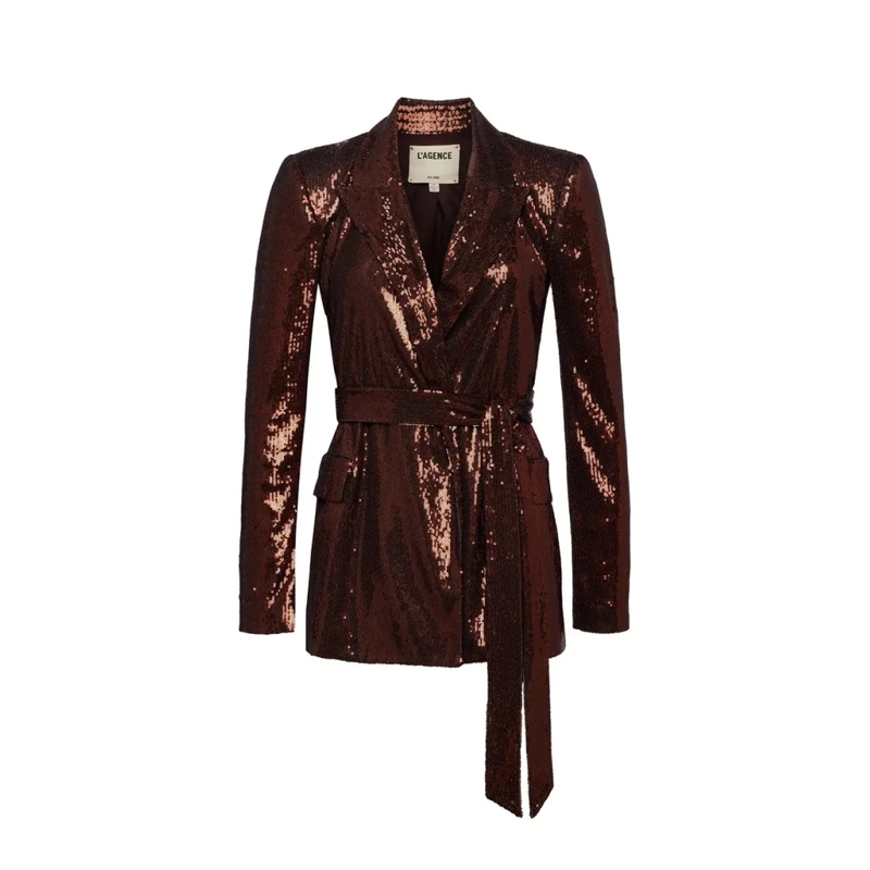 L'AGENCE Blazer Sequined Blazer With Belted Waist And Tailored Fit Brown