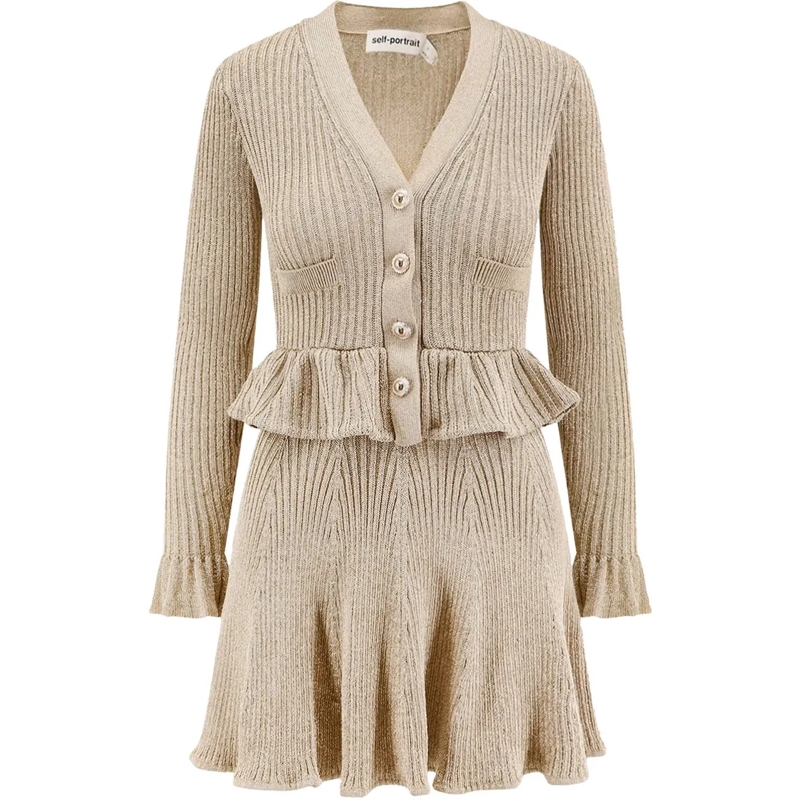 Self Portrait Robe midi Gold Lurex Peplum Knit Mini Dress Neutrals