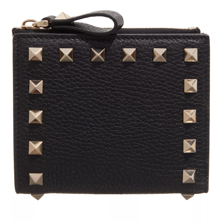 Valentino Garavani Rockstud Flap French Compact Wallet Leather Black Bi Fold Portemonnaie