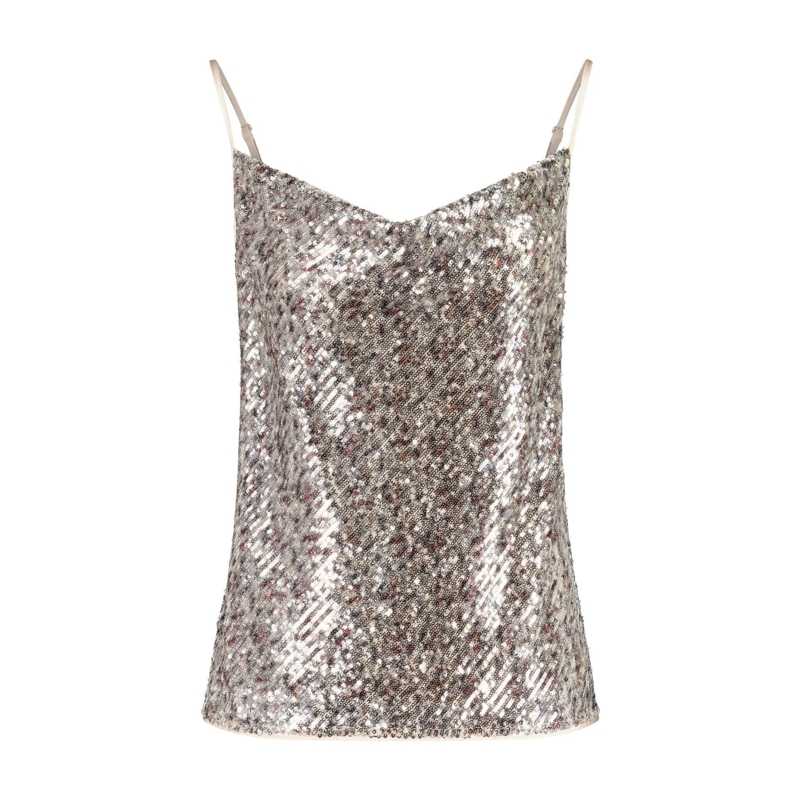 Diane von Furstenberg Legeres Oberteil Top mit Pailletten und Wasserfall-Kragen Silber
