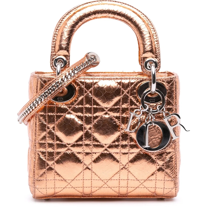 Christian Dior Schultertasche Mini Metallic Crinkled Calfskin Cannage Lady Dior braun