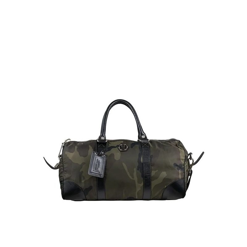 Philipp Plein Travel Bag Cylindrical Khaki Nylon Travel Bag Black