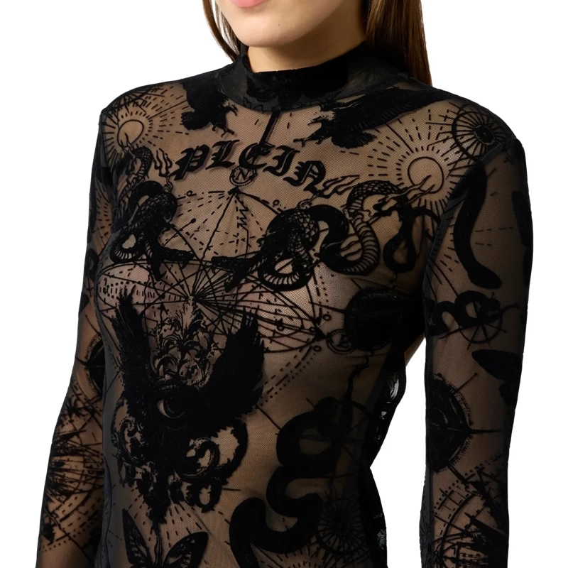 Philipp Plein Maxikleid Open Back Maxi Dress Flock Butterfly Tattoo schwarz(Image 5)