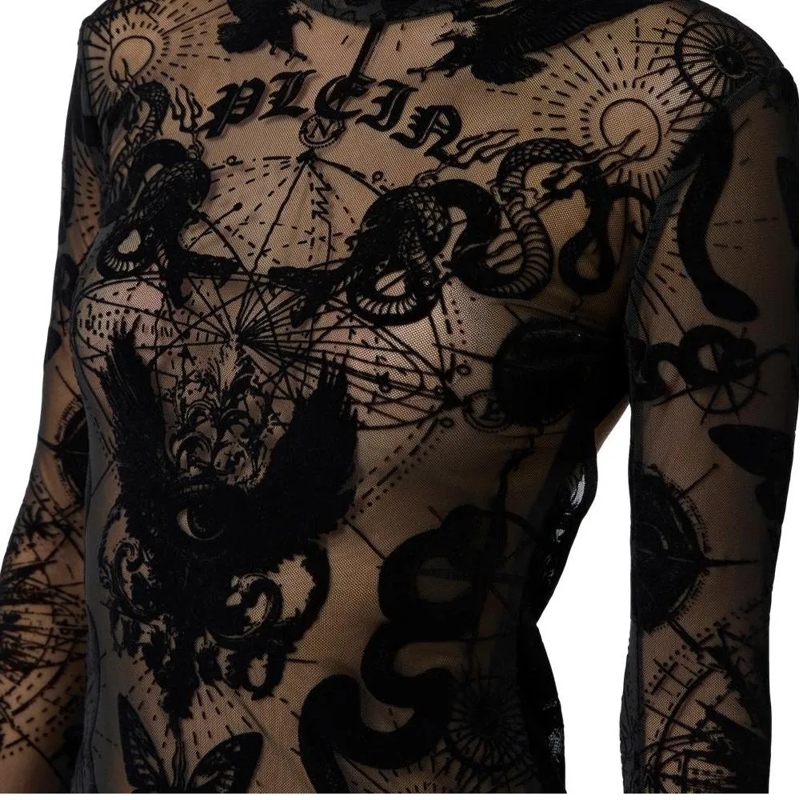 Philipp Plein Maxikleid Open Back Maxi Dress Flock Butterfly Tattoo schwarz(Image 4)