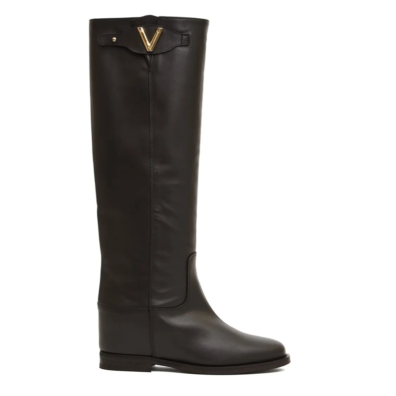 Via Roma 15 Bottes Tall Brown Leather Boots With Gold Accent And Inte Black