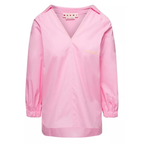Marni Pink V Neck Blouse With Logo Embroidery In Cotton Pink 