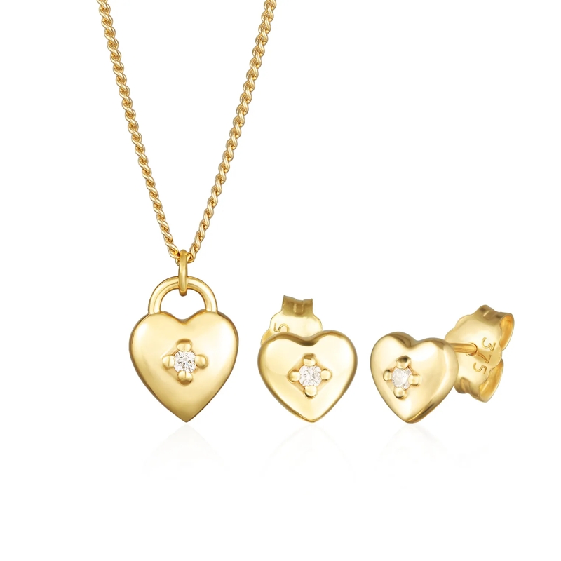Elli Mittellange Halskette Schmuckset Herz Liebe Solitär Diamant (0.015 ct.)  gold