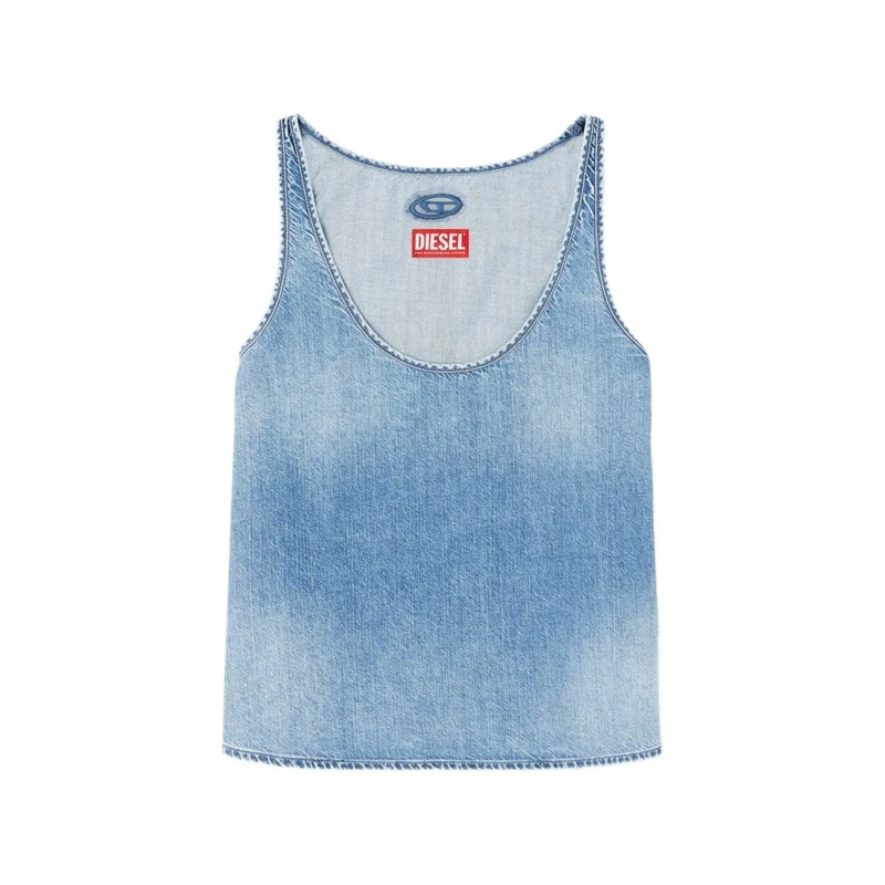 Diesel Chemisier Faded Blue Denim Tank Top With Raw-Edge Detailing Blue