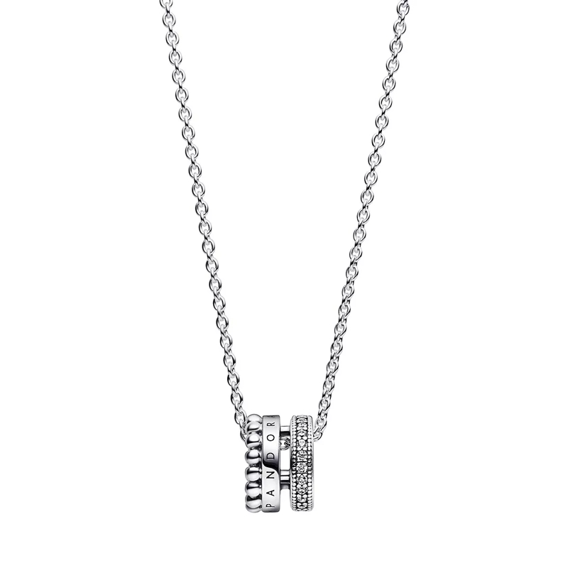 Pandora Kurze Halskette Signature Logo Pavé & Perlen Anhänger & Halskette Sterling silver