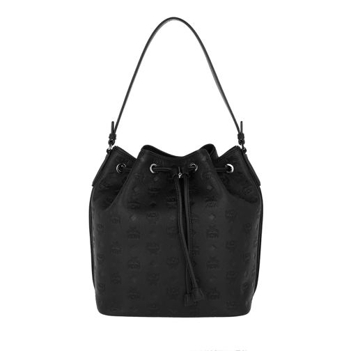 MCM Essential Messenger Leather Drawstring Medium Black Bucket Bag