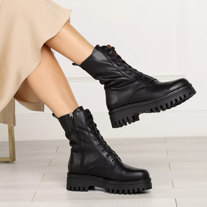 Black biker lace up boots hot sale