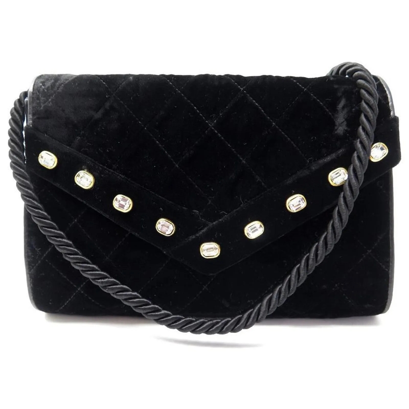 Chanel Schultertasche VINTAGE CHANEL STRASS SAMT SCHWARZ GESTEPPTE GELDB schwarz
