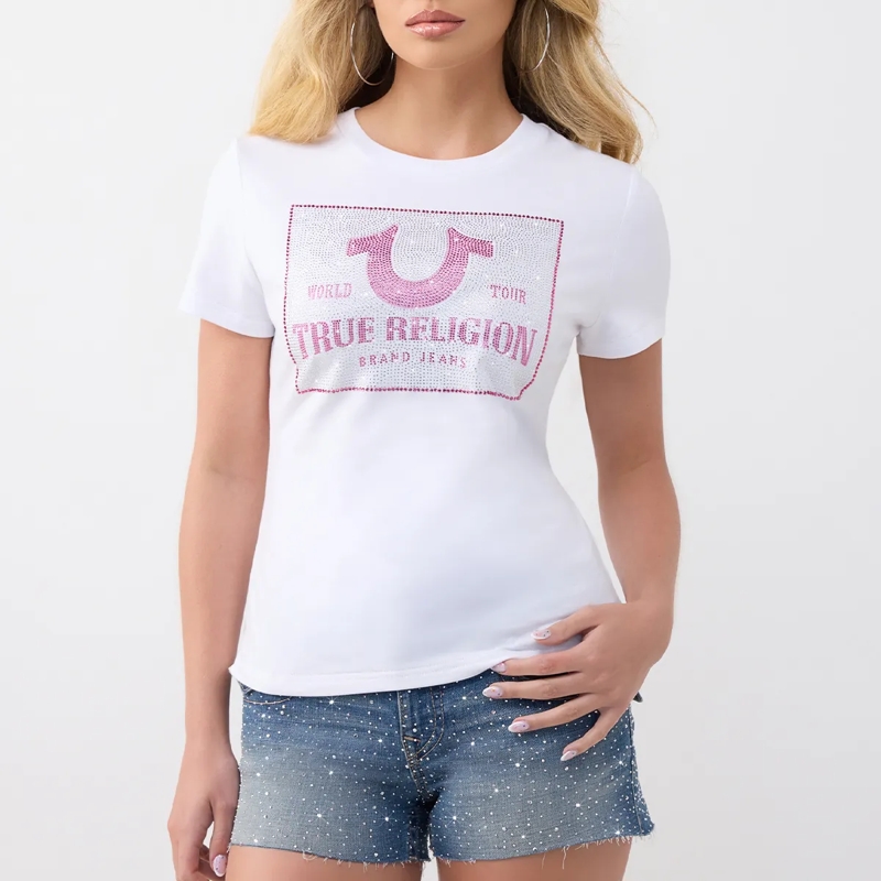 True Religion T-Shirt - T-Shirt- Crewneck- Aufgedrucktem Logo auf Fron weiss(Image 6)