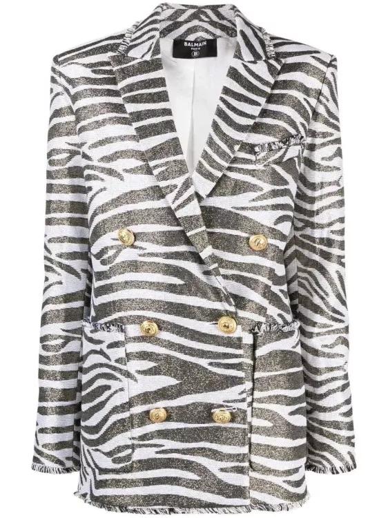 Balmain - Zebra-Print Double-Breasted Coat - Größe 38 - white