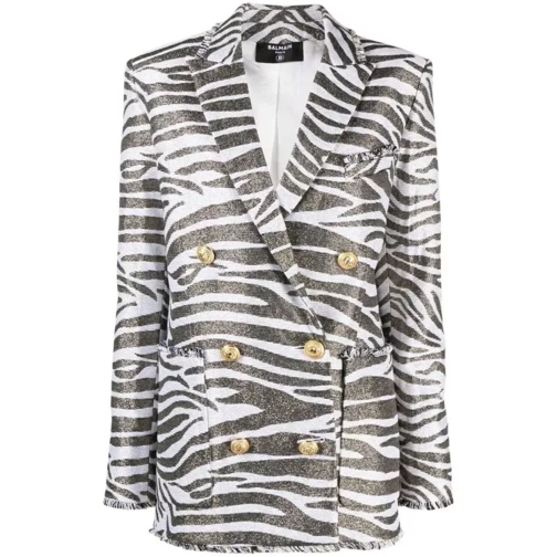 Balmain Zebra-Print Double-Breasted Coat White 