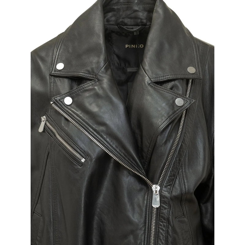 Pinko Veste en cuir Giacca biker in pelle con cintura schwarz(Image 4)
