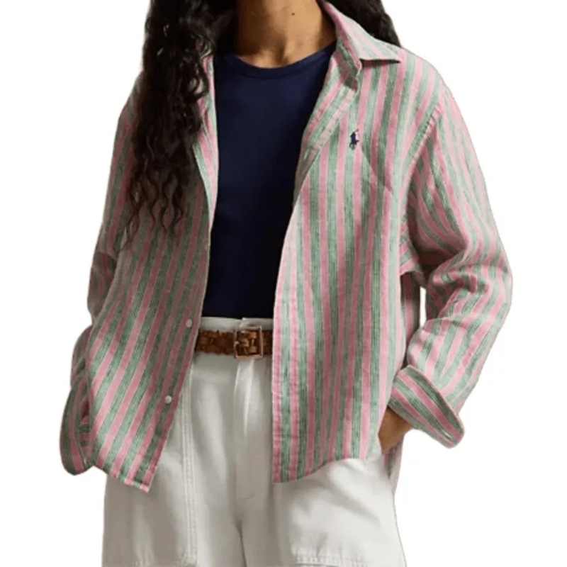 Polo Ralph Lauren Hemd Breezy Boxy-Fit Linen Shirt With Striped Design Pink(Image 4)