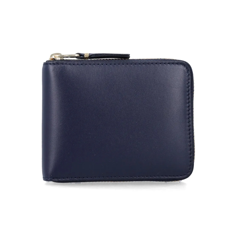 Comme des Garcons Geldbörse Compact Navy Calfskin Zip-Around Wallet With Metal Blue