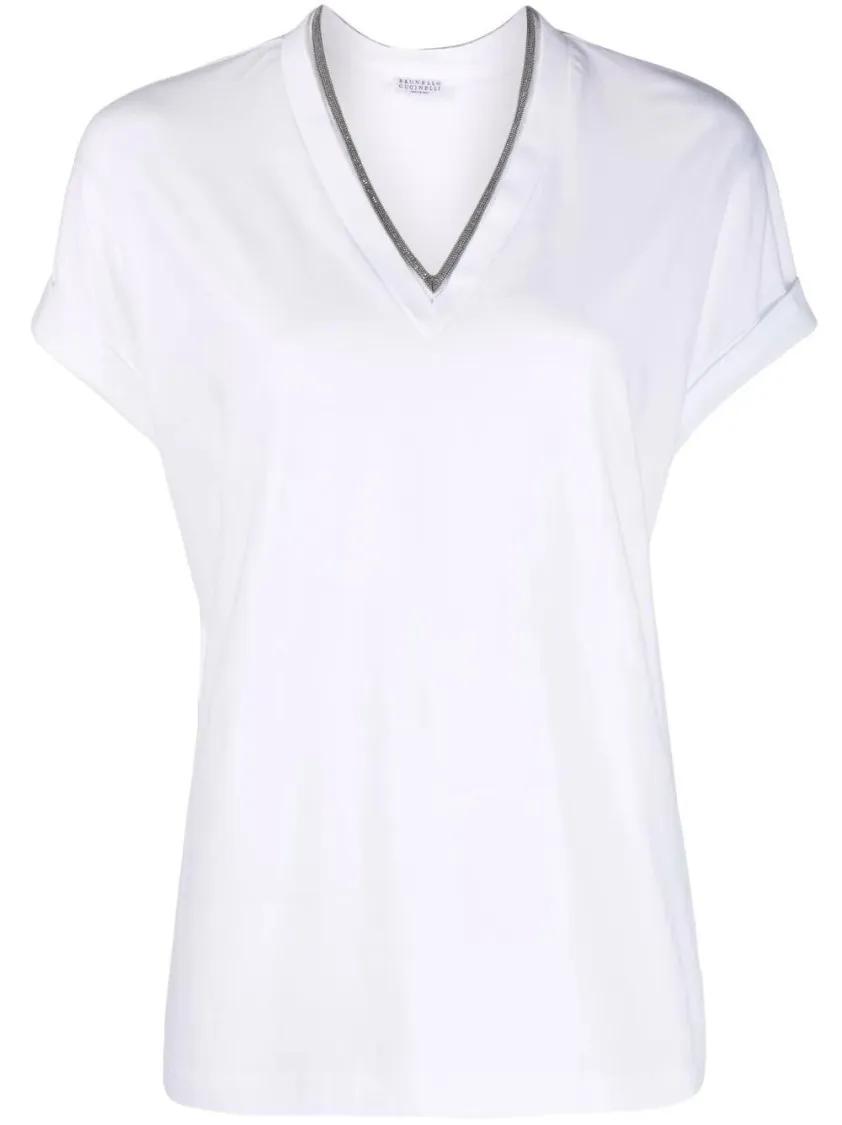 Thumbnail - Brunello Cucinelli - V-Neck Top With Rolled Sleeves And Metallic Trim - Größe S - weiß