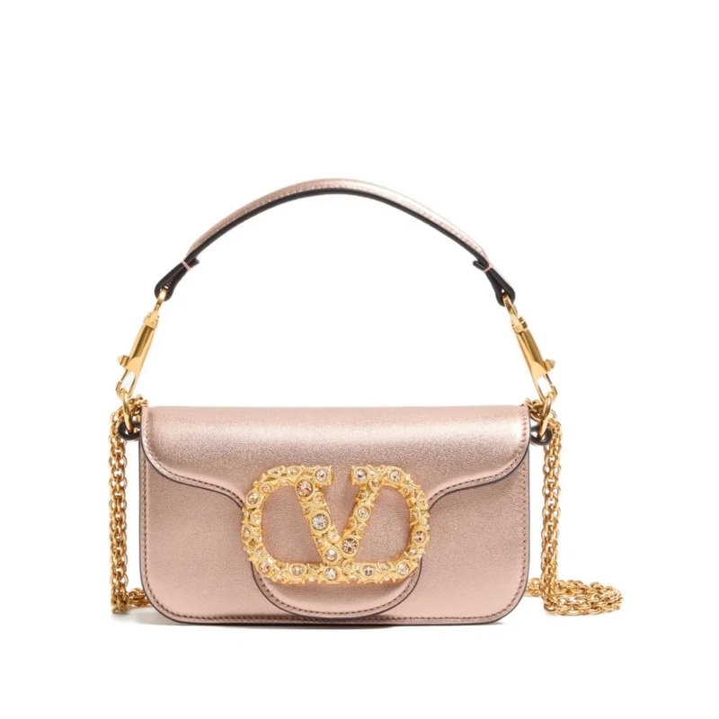 Valentino Garavani Sac à bandoulière Locò Small Laminated Calfskin Shoulder Bag Neutrals