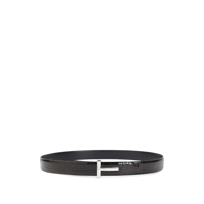 Tom Ford Riem Crocodile-Print Calf Leather Belt With T-Buckle Black