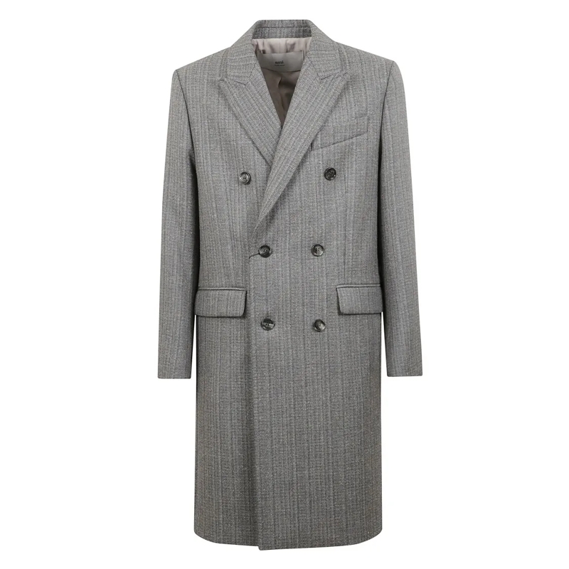 AMI Paris Trenchcoat Herringbone Wool Double-Breasted Coat Grey