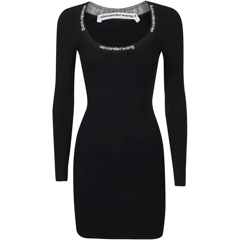 Alexander Wang Midikleid Logo Jacquard Trim Bodycon Scoop Neck Dress Black schwarz