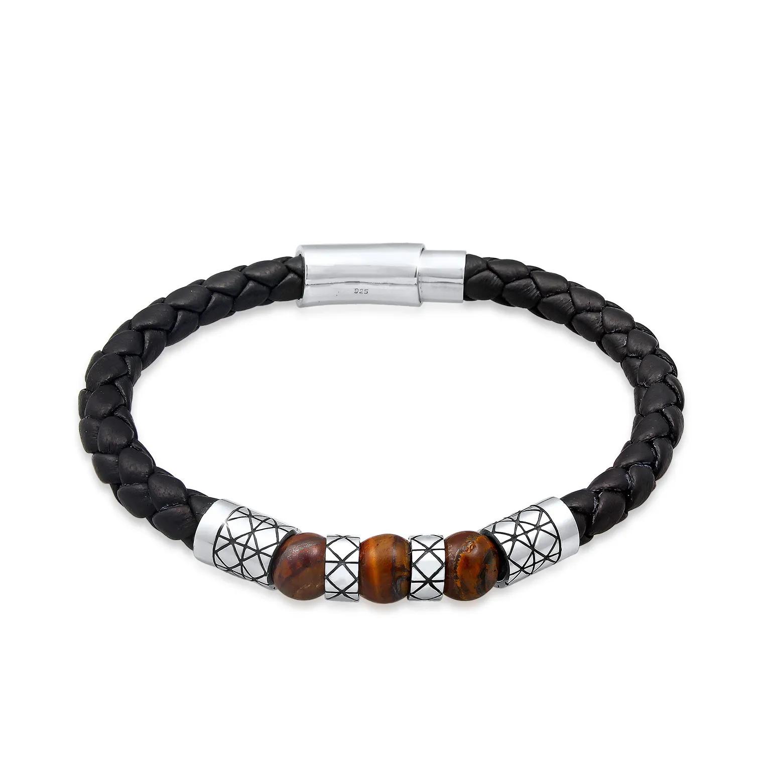 Kuzzoi Armbänder - Armband Herren Leder Bead Magnet-Verschluß 925er S - Gr. 19 CM - in Schwarz - für Damen