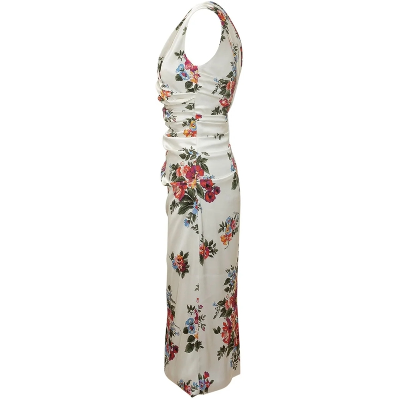 Dolce&Gabbana Midikleid Abito con Scollo a V e Drappeggio e Motivo Floreal weiß(Image 3)