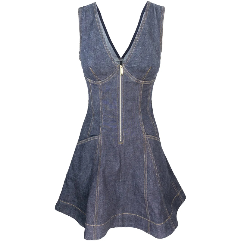 Self Portrait Robe midi Dark Denim Mini Dress With Deep V-Neckline Black