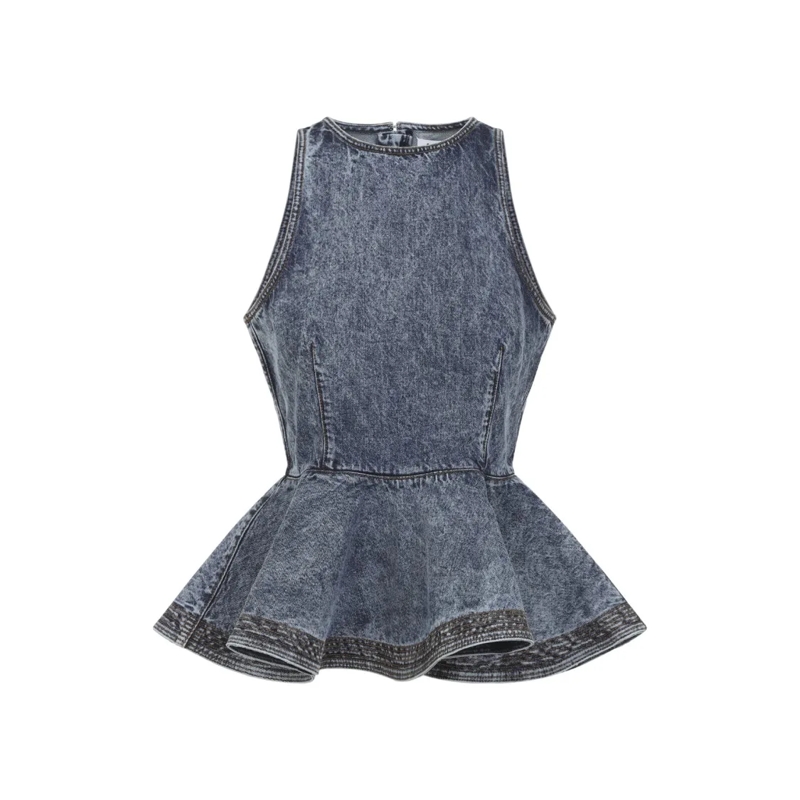 Alaia Chemisier Fitted Sleeveless Top With Peplum Hem And Textured Grey