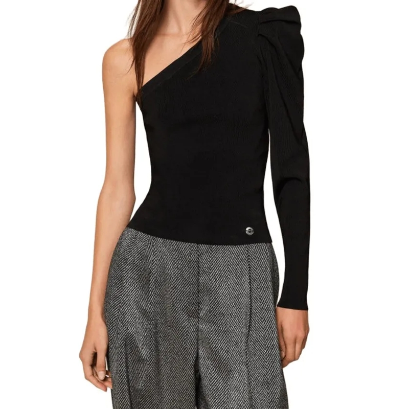 Twinset Actitude Trui One-Shoulder Fitted Sweatshirt With Draped Detaili Black